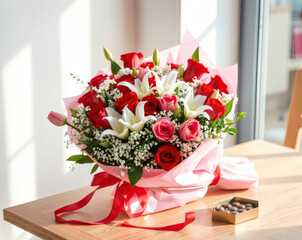 Beautiful floral bouquet with roses and lilies arranged elegantly on a wooden table in a sunlit room, creating a captivating atmosphere