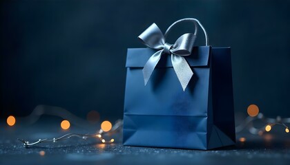 A beautifully presented blue gift bag with a shimmering silver bow, ready to give.