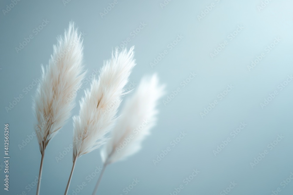 Poster a soft focus image of three pampas grass plumes against a light blue gradient background image style