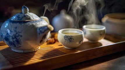 Elegant dim sum tea service featuring steaming cups with oolong and jasmine flavors on a wooden tray