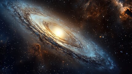 Fototapeta premium Spectacular Spiral Galaxy with Bright Core and Star Clusters in Deep Space