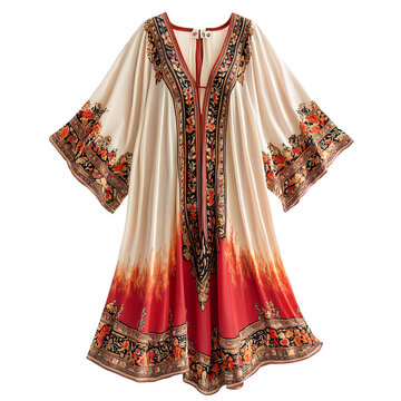 Beautifully designed kaftan dress with vibrant colors and intricate patterns.