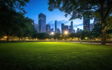Obraz premium Evening City Park with Skyscrapers and Lush Greenery
