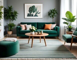 Stylish living room interior of a modern apartment with green sofa, wooden table with vase of flowers, striped carpet and house plants. Home decor.
