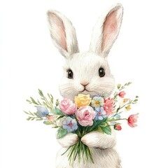 Charming white bunny holding a bouquet of pastel flowers, Easter, watercolor postcard illustration.