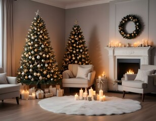 Stylish living room interior with decorated Christmas tree. Christmas tree and candles