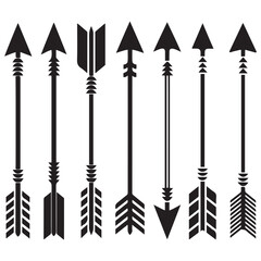 Hipster arrows. Arrows in boho style. Tribal arrows. Set of Indian style arrows. Rustic decorative arrows. Vector Black silhouettes. with white background