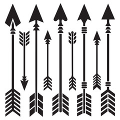 Hipster arrows. Arrows in boho style. Tribal arrows. Set of Indian style arrows. Rustic decorative arrows. Vector Black silhouettes. with white background