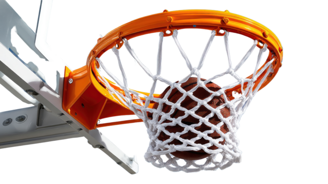 Basketball Hoop and Swish: A perfect shot through the net, a basketball gracefully descends into the hoop, a moment of pure athletic skill and triumph. This is a visual metaphor for achieving goals.