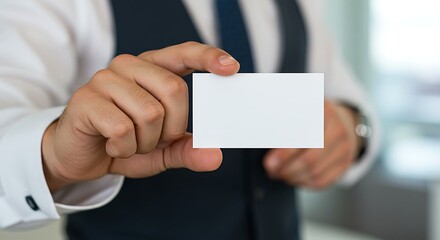Man Presenting Clean White Business Card Mockup in Modern Office Setting, Wearing Stylish Vest and Cufflinks, Offering Networking Opportunity with Professionalism and Style.