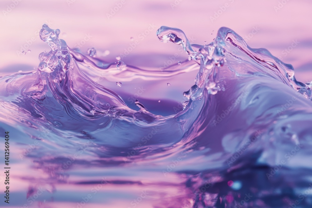 Poster a close up shot of water splashing with a purple and pink hue creating a calming and serene scene