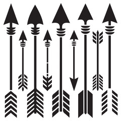 Hipster arrows. Arrows in boho style. Tribal arrows. Set of Indian style arrows. Rustic decorative arrows. Vector Black silhouettes. with white background