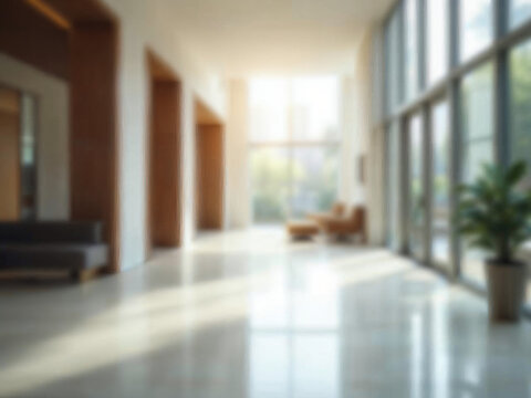 Fototapeta Cool Blurred hotel or office building lobby blur background interior view toward reception hall modern luxury white room space with blurry corridor and building glass wall window : Generative AI