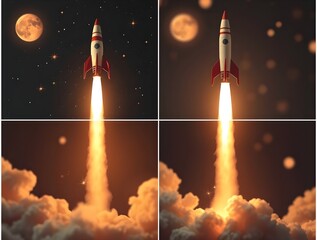 Retro Rocket Launch Sequence – Four-Panel High-Resolution Photo with Cosmic Background