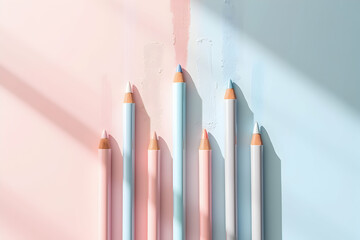 Obraz premium Pastel Colored Pencils Arranged on a Two-Toned Canvas Surface, Perfect for Creative Projects and Artistic Presentations in Soft Pink and Blue Tones