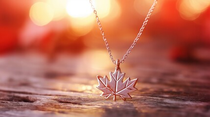Glowing maple leaf pendant on rustic wood, warm sunlight and soft bokeh, embodying Canadian pride and serenity.
