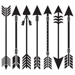 Hipster arrows. Arrows in boho style. Tribal arrows. Set of Indian style arrows. Rustic decorative arrows. Vector Black silhouettes. with white background