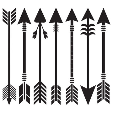 Hipster arrows. Arrows in boho style. Tribal arrows. Set of Indian style arrows. Rustic decorative arrows. Vector Black silhouettes. with white background