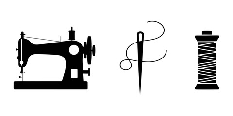 Vintage tailor Sewing set silhouette Tailoring and Sewing Icons Elements Set, sewing machines set silhouette, vector on white background, Sewing Silhouette Icons, Sewing Symbols, Black Symbols.