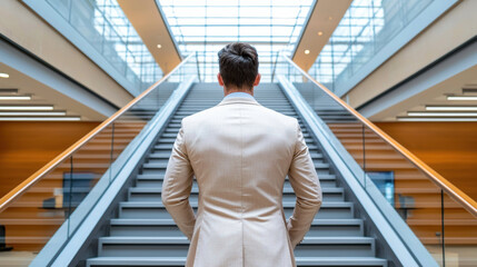 businessman in light colored suit stands at bottom of modern staircase, contemplating his next move in corporate environment