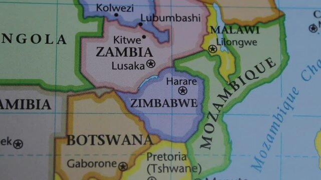 close up of the country of Zimbabwe viewed on a wold map as a travel concept. Zimbabwe on a map. Political map of Zimbabwe 
