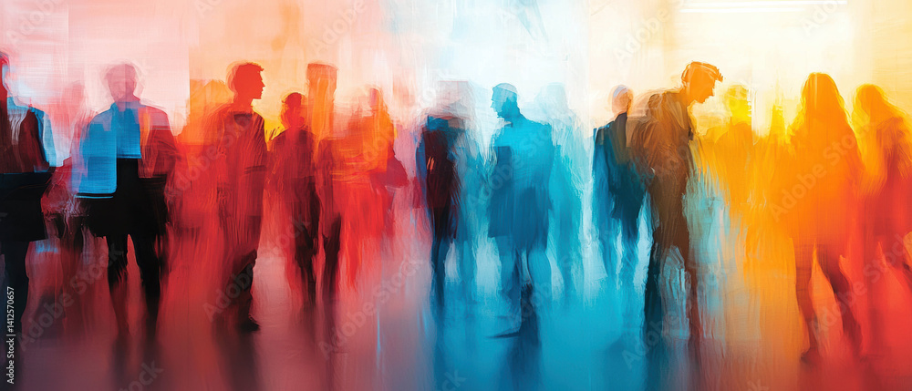 Poster abstract meeting with sunlight dappled, blurred figures in vibrant colors creating dynamic atmospher