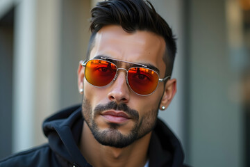 Portrait of a Confident Man with Orange Sunglasses, Stylish and Modern Appeal, Ideal for Fashion and Lifestyle Imagery, High-Resolution Commercial Stock Photo