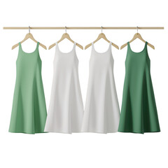 Four elegant dresses hanging on a wooden rack, featuring a range of green and white colors, perfect for showcasing fashion or apparel collections.