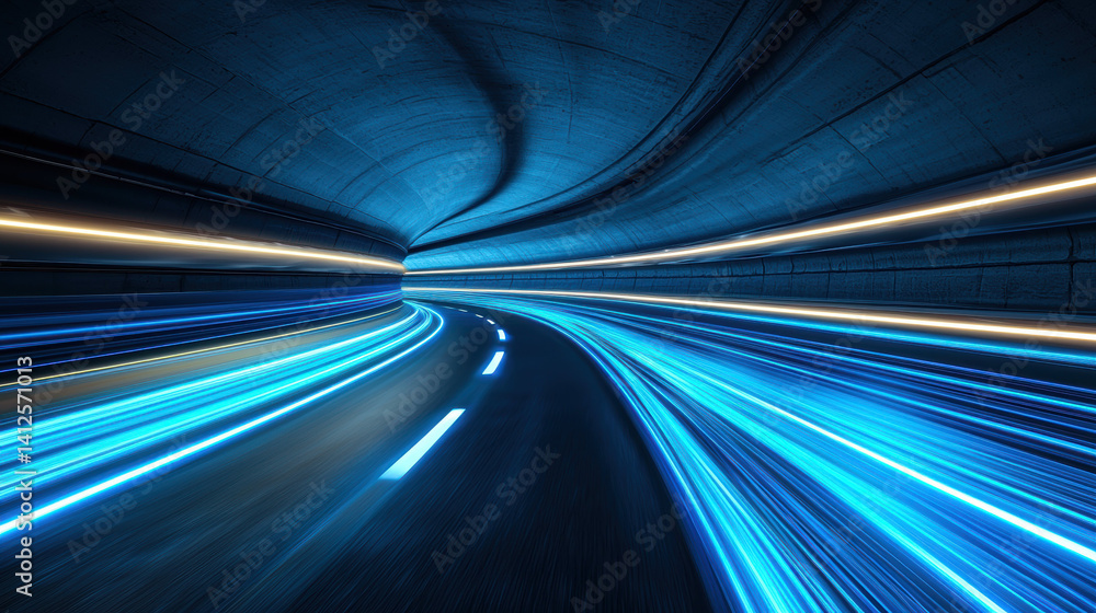 Aufkleber dynamic view of futuristic road with blue light trails, creating sense of speed and motion in tunnel