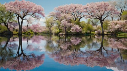Bright and unusual spring landscape: blooming fields, green grass, vibrant flowers, and sunny skies creating an atmosphere of freshness and nature.