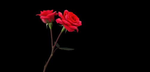 Two vibrant red roses bloom on a single stem, stark against a black background, Valentine's Day, color
