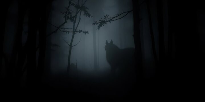 Dark, shadowy forest creature silhouette partially obscured by dense fog, twilight, obscure