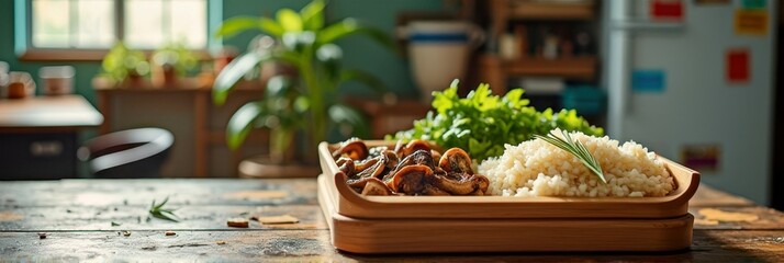 Mushroom risotto and fresh herbs on rustic kitchen table