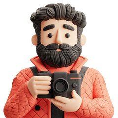 Png of A male character with a beard, holding a camera, dressed in a bright orange jacket, radiating creativity and passion for photography.