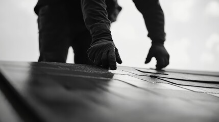 Roofing worker applying shingles to a new roof. Featuring expertise and focus