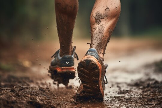 close up of feet of a trail runner with a dusty trail