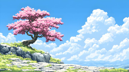 Pink Cherry Blossom Tree on Rocky Hill Pixel Art Landscape with Blue Sky and White Clouds in Pixelated Style Peaceful and Tranquil Scenery
