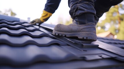 Roofing worker inspecting roof tiles for damage. Featuring care and attention to detail