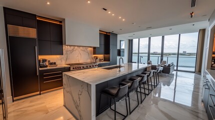 Modern luxury kitchen with stunning water views