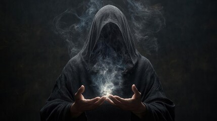 Dark wizard performing a forbidden ritual, summoning spectral hands from another dimension