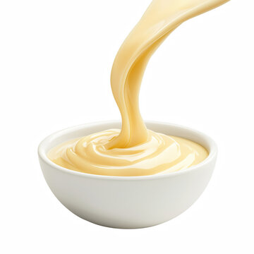Creamy condensed milk pouring into white ceramic bowl with smooth swirl texture isolated on transparent background.