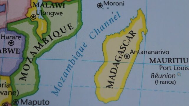 close up of the country of Madagascar viewed on a wold map as a travel concept. Madagascar on a map. Political map of Madagascar 
