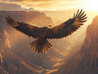 Soaring Eagle: An eagle, a symbol of freedom, soars gracefully through a vast canyon, bathed in the golden light of a breathtaking sunrise. Its wings spread wide.