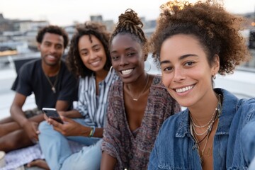 Obraz premium A joyful group of friends smiling together on a rooftop, capturing a vibrant and memorable moment of connection and happiness during a relaxed gathering in the sunshine.