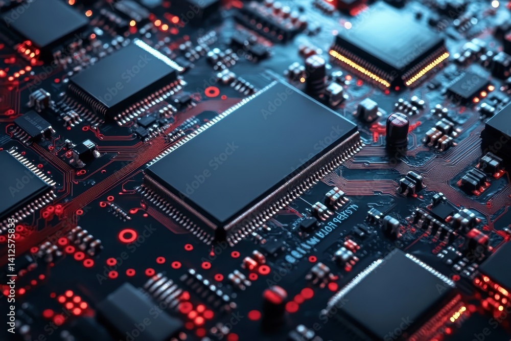 Poster circuit board with intricate red lighting and multiple microchips at a close range
