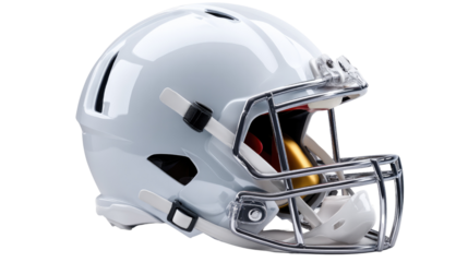 White Football Helmet: A sleek, modern white football helmet with a chrome facemask, showcasing its protective design and clean aesthetic.