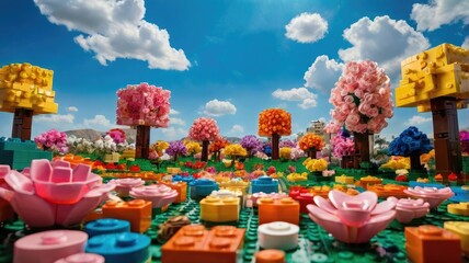 Bright and unusual spring landscape: blooming fields, green grass, vibrant flowers, and sunny skies creating an atmosphere of freshness and nature.