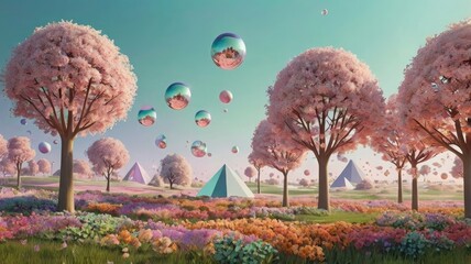 Bright and unusual spring landscape: blooming fields, green grass, vibrant flowers, and sunny skies creating an atmosphere of freshness and nature.