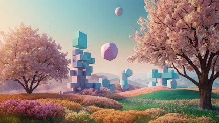 Bright and unusual spring landscape: blooming fields, green grass, vibrant flowers, and sunny skies creating an atmosphere of freshness and nature.