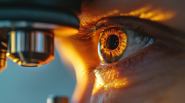 A detailed macro shot of a pathologists eye peering through a microscope lens, warm golden light reflecting off the polished metal